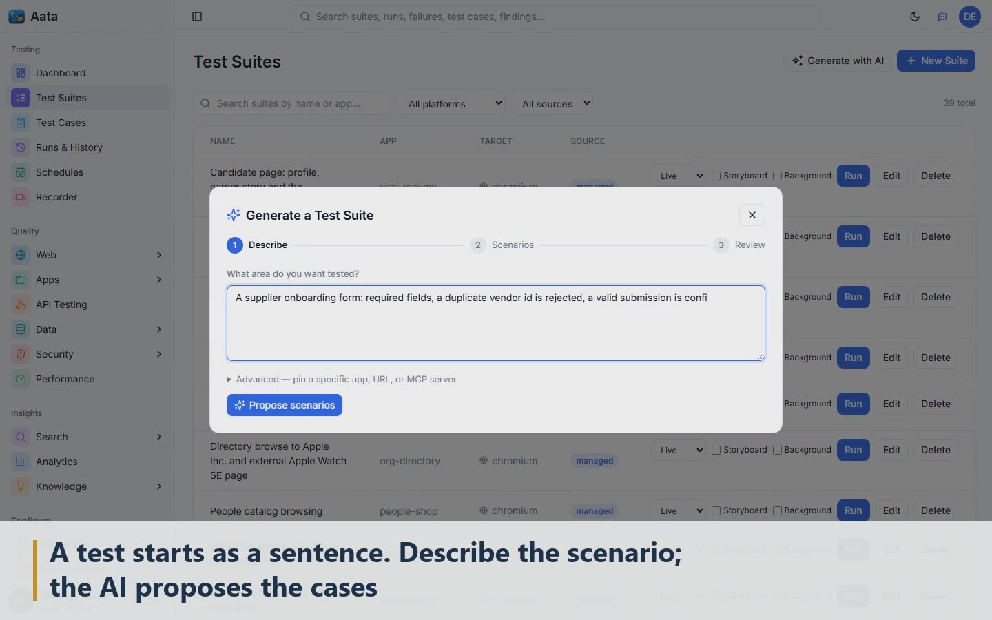 Scene 1: A test starts as a sentence. Describe the scenario; the AI proposes the cases