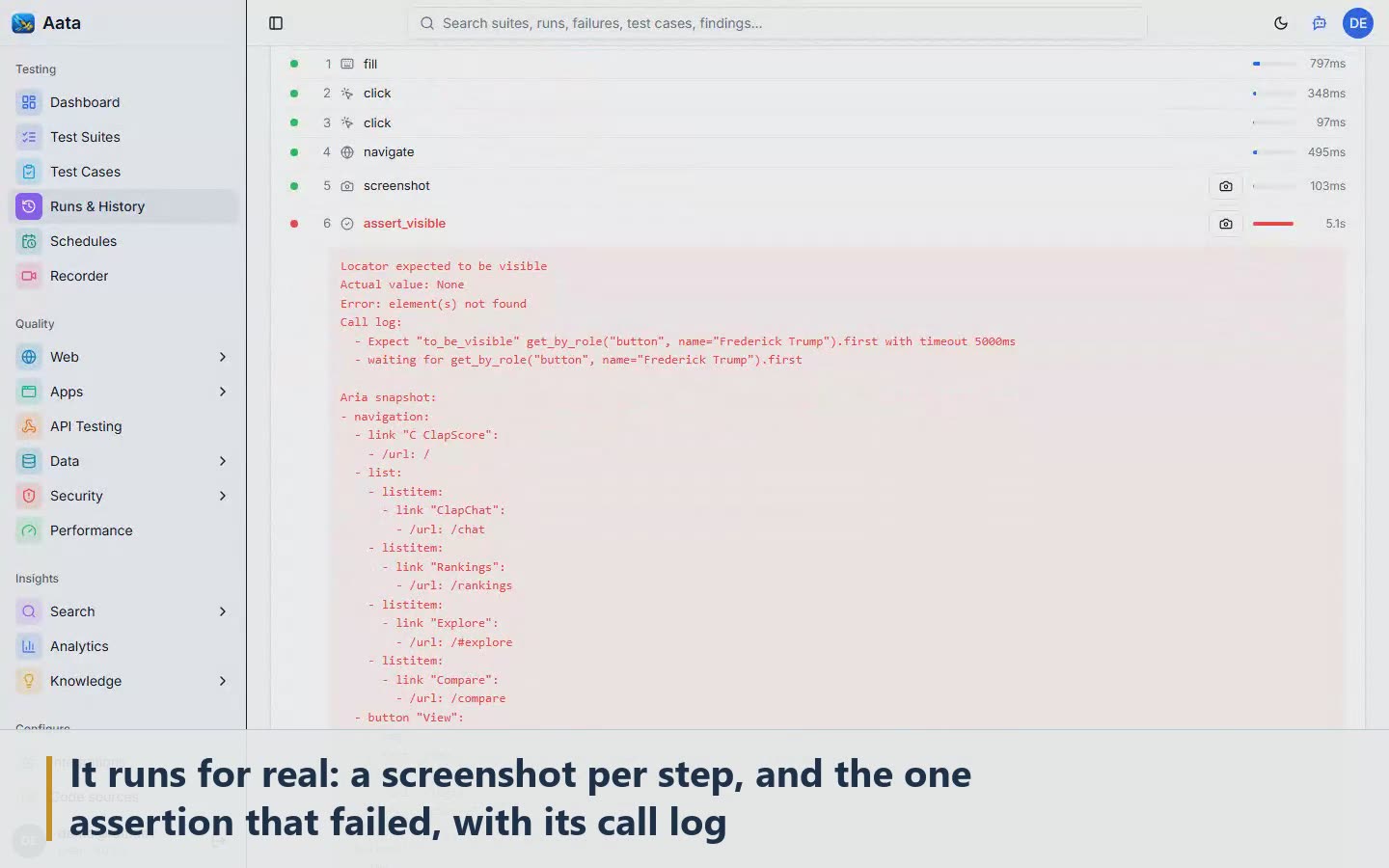 Scene 2: It runs for real: a screenshot per step, and the one assertion that failed, with its call log
