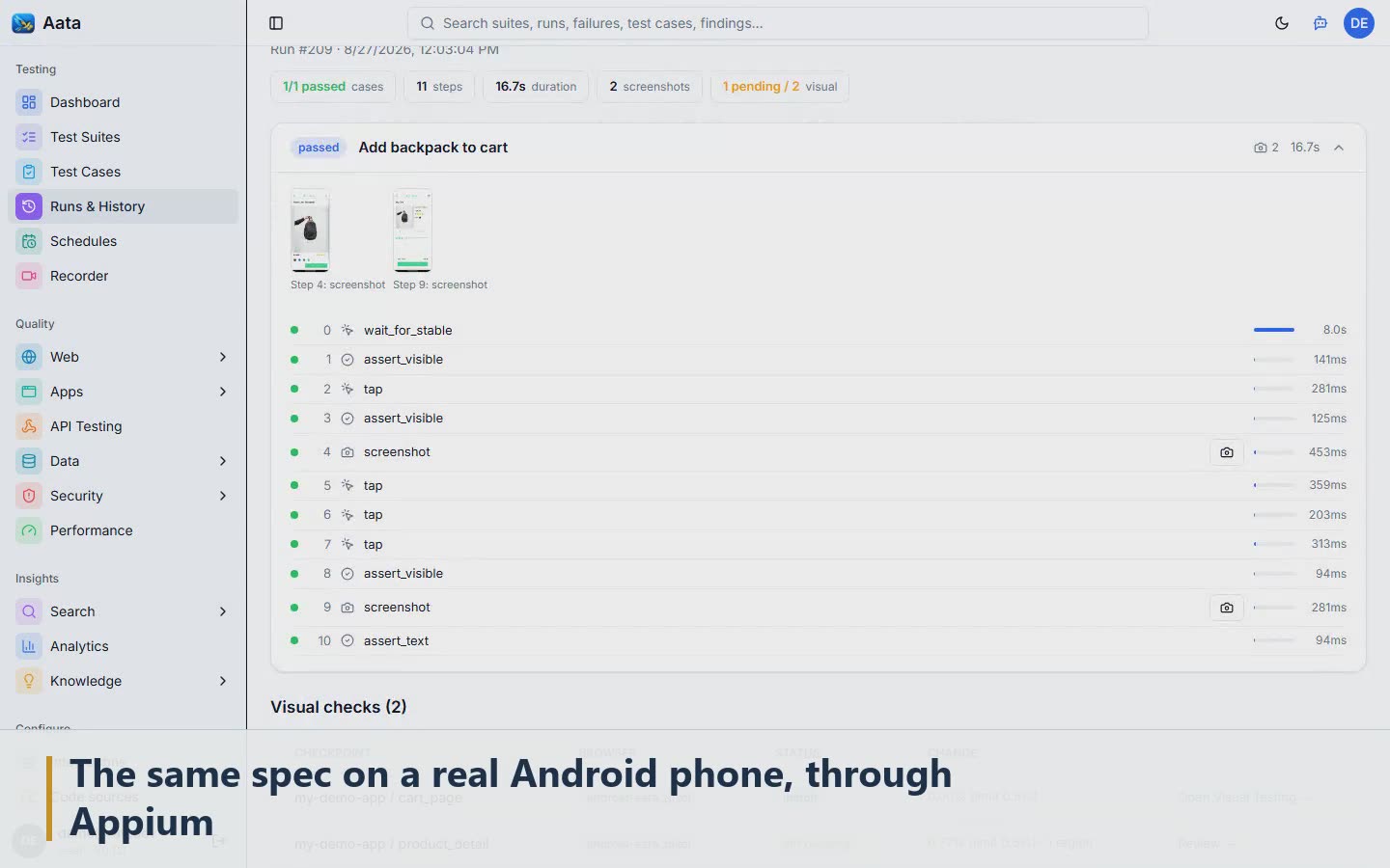 Scene 4: The same spec on a real Android phone, through Appium