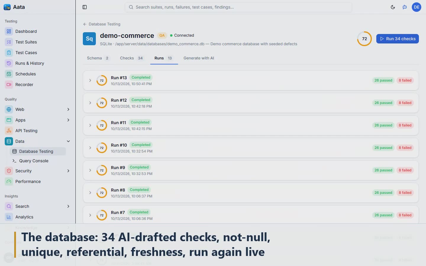 Scene 6: The database: 34 AI-drafted checks, not-null, unique, referential, freshness, run again live