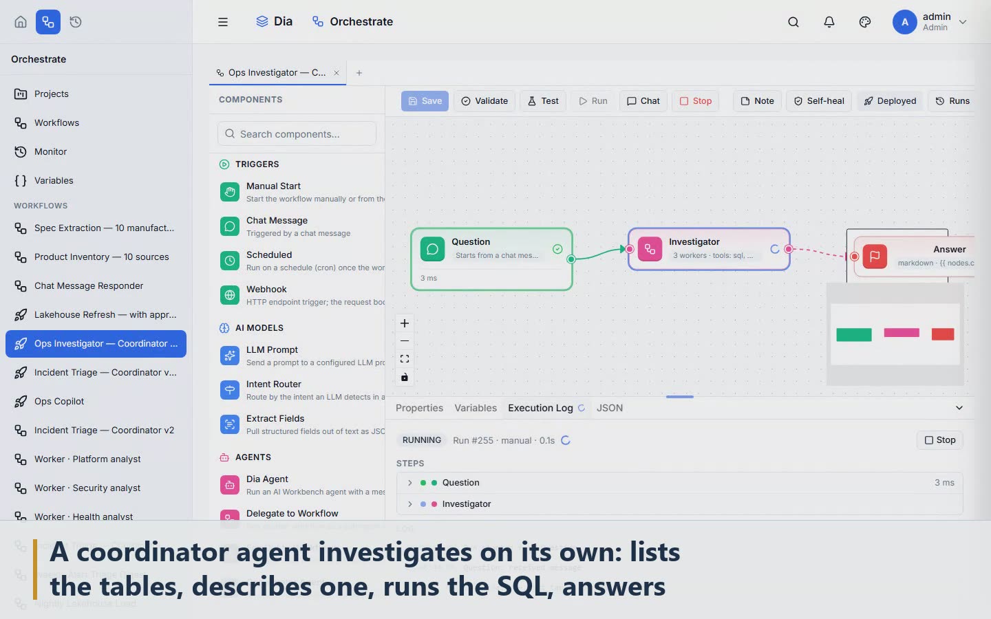 Scene 11: A coordinator agent investigates on its own: lists the tables, describes one, runs the SQL, answers