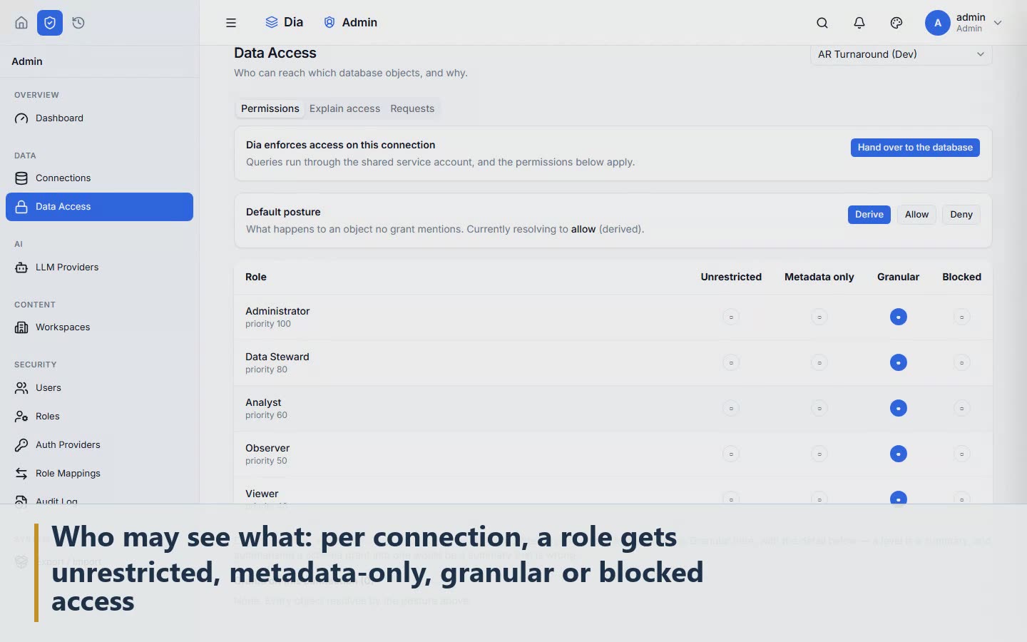 Scene 14: Who may see what: per connection, a role gets unrestricted, metadata-only, granular or blocked access