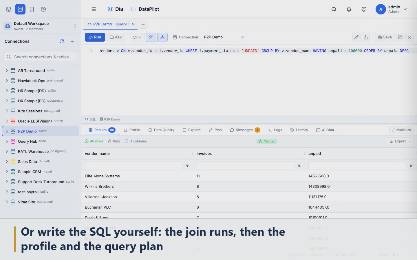 Scene 2: Or write the SQL yourself: the join runs, then the profile and the query plan