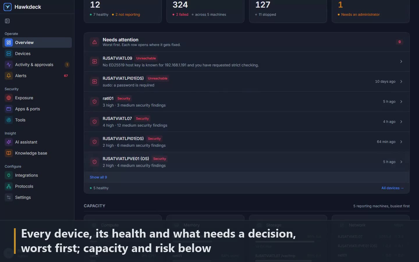 Scene 1: Every device, its health and what needs a decision, worst first; capacity and risk below