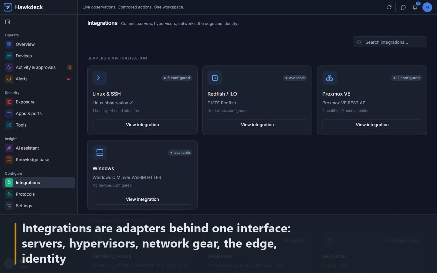 Scene 14: Integrations are adapters behind one interface: servers, hypervisors, network gear, the edge, identity