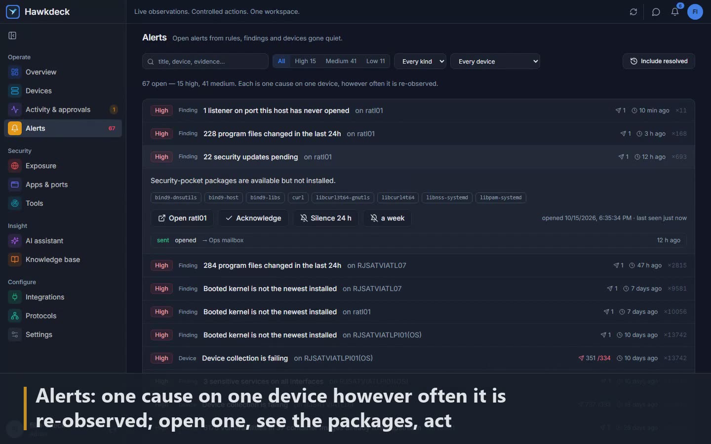 Scene 6: Alerts: one cause on one device however often it is re-observed; open one, see the packages, act