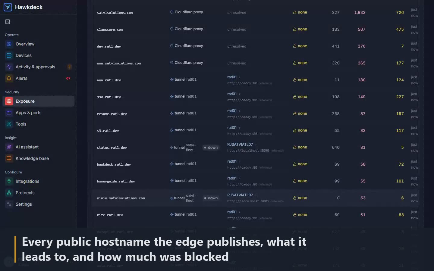 Scene 9: Every public hostname the edge publishes, what it leads to, and how much was blocked