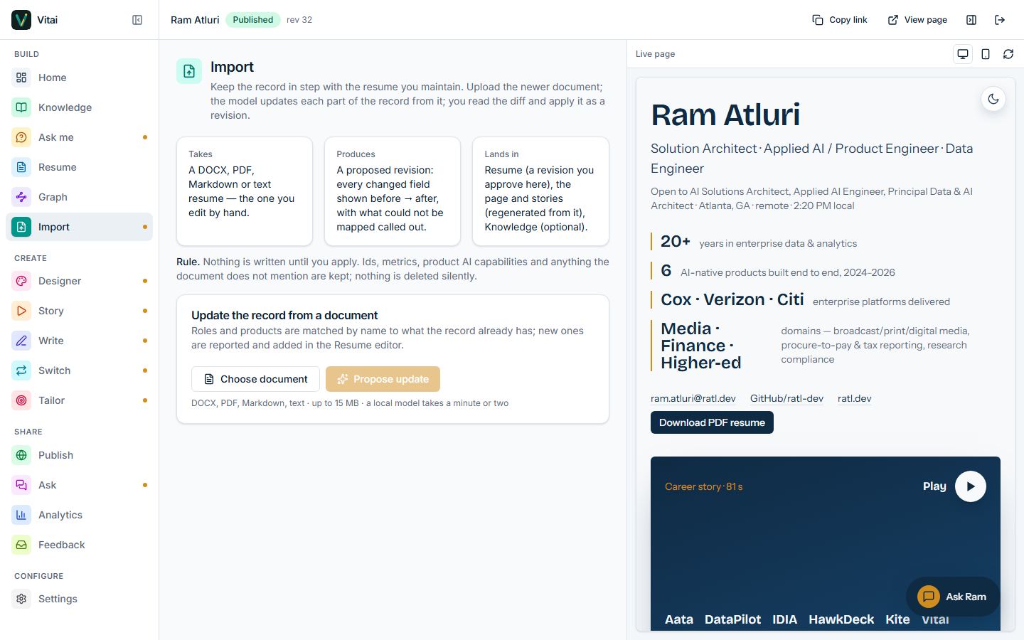 Vitai: Import — the resume you maintain becomes a reviewed revision