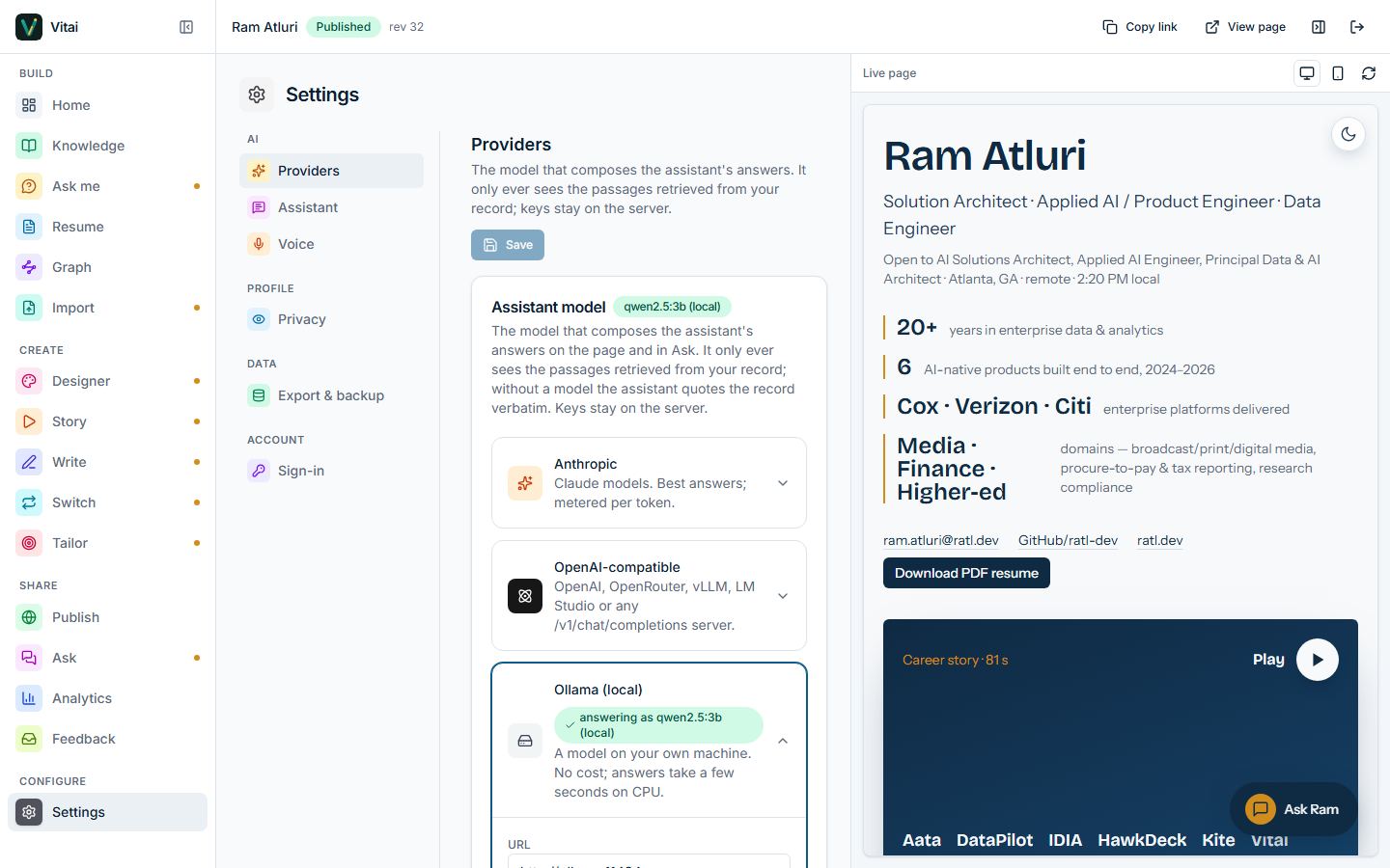 Vitai: Model providers — Anthropic, OpenAI-compatible or local Ollama
